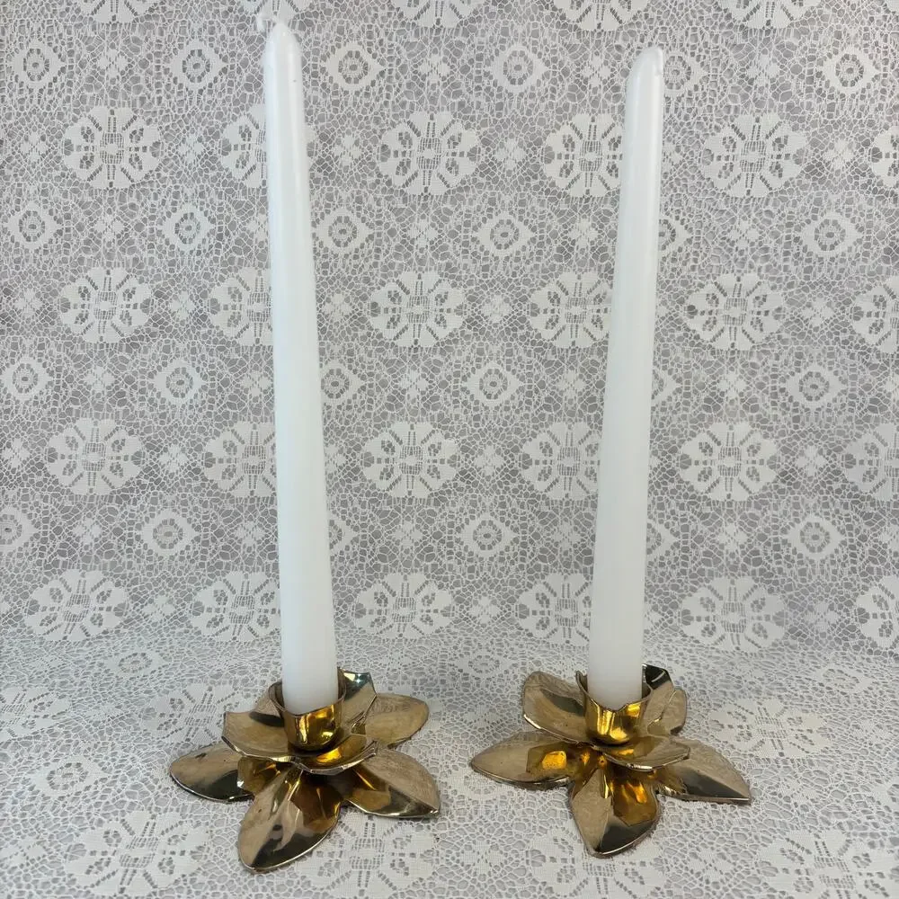 Vintage Brass Lotus Flower Taper Candle Holders Pair Made in India